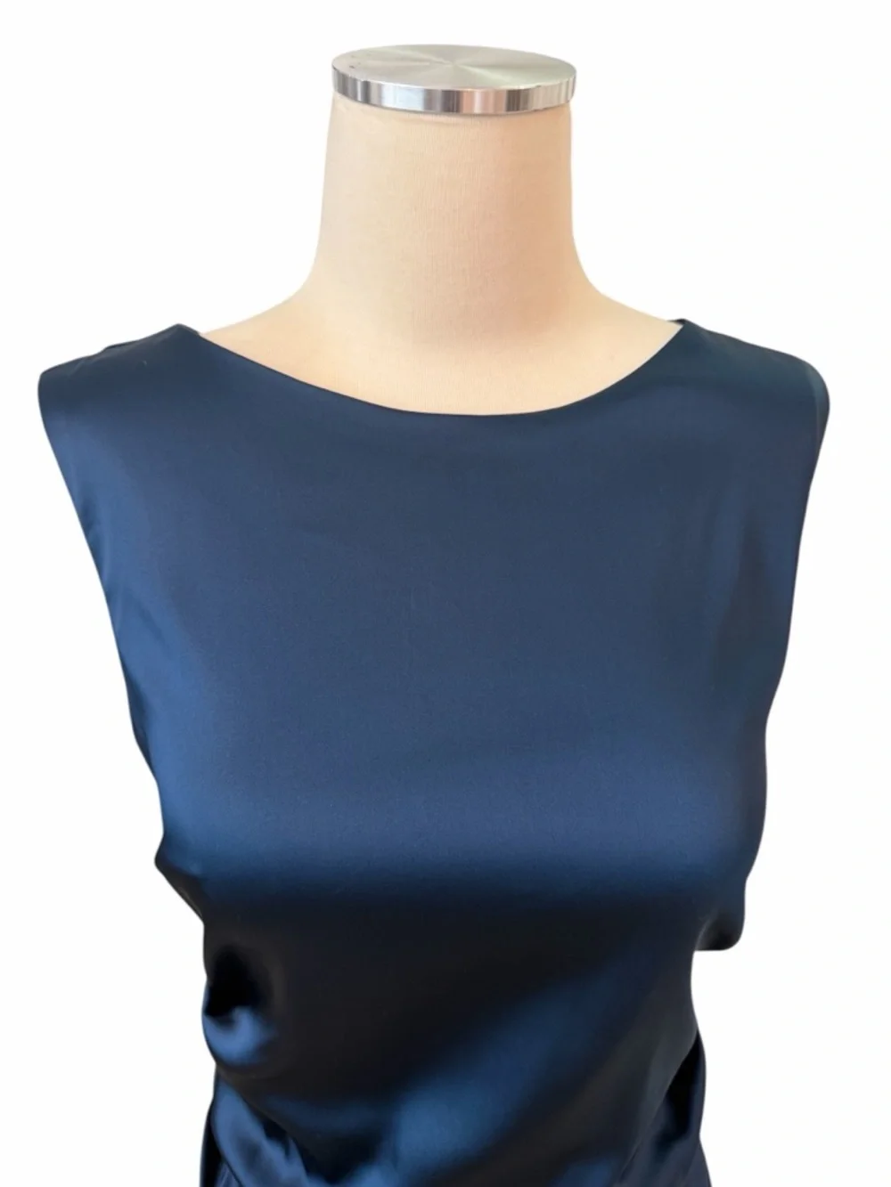 Nicole Miller Navy Satin Ruched Midi Dress Sz 8 - Picture 5 of 12